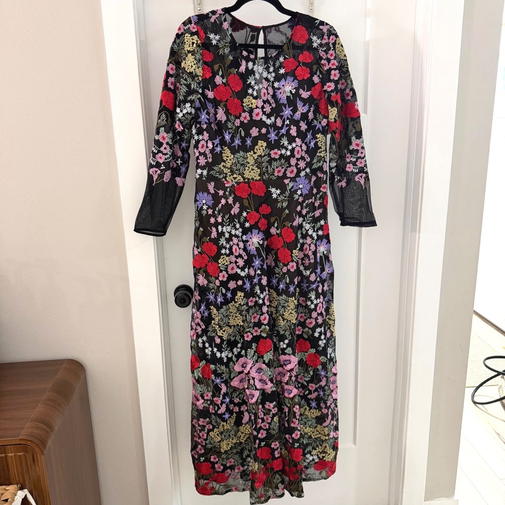 Dress The Population Ava Gown Black Floral Embroidered Mesh Maxi Dress XL Modest